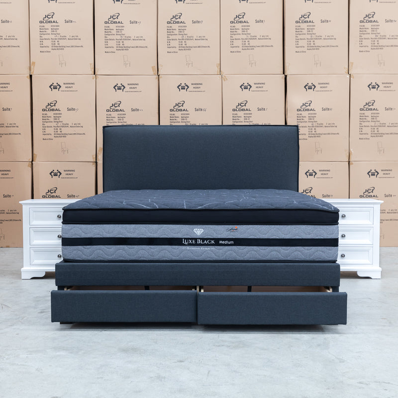 The Hayman Gas Lift & Drawer Storage King Bed - Charcoal available to purchase from Warehouse Furniture Clearance at our next sale event.