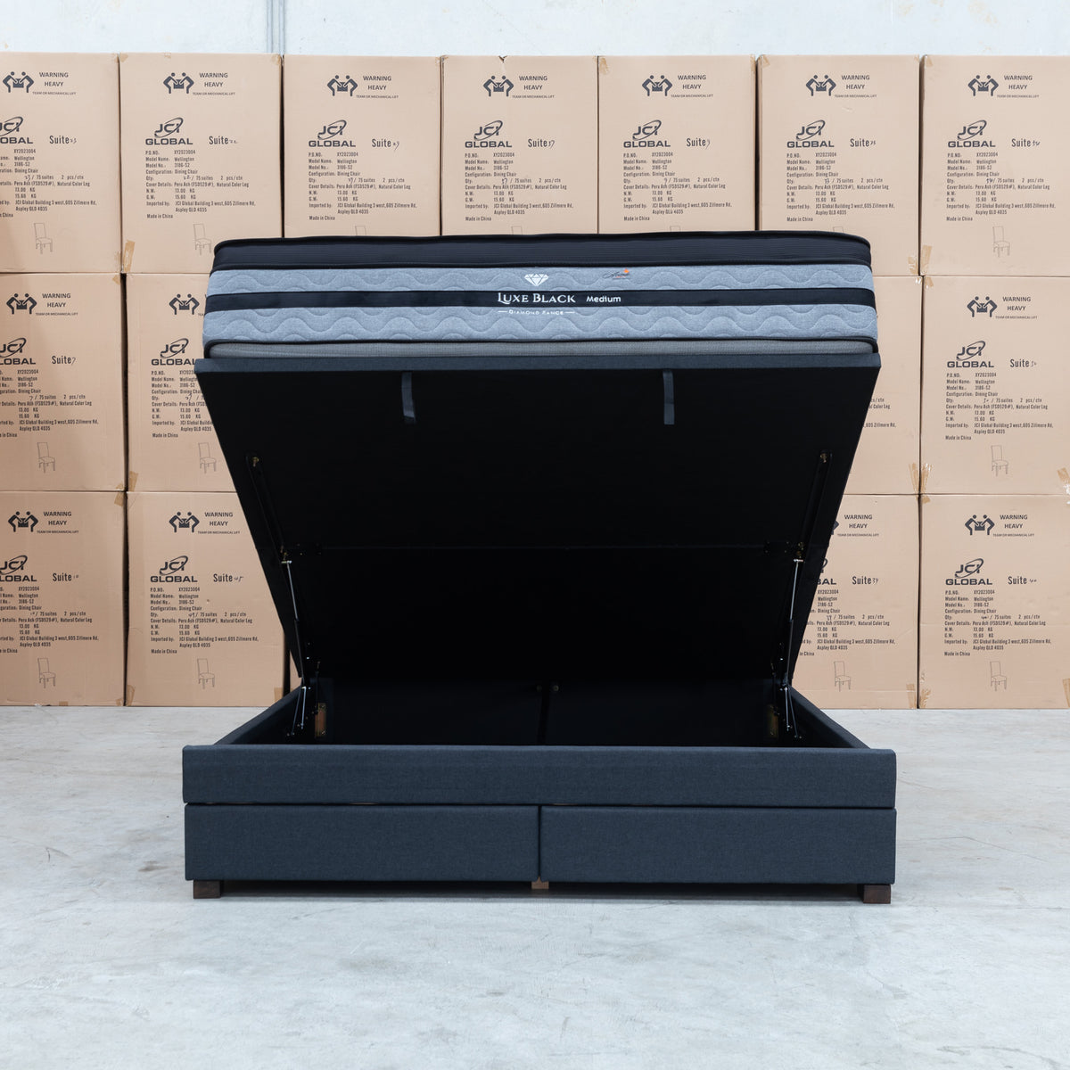 The Hayman Gas Lift & Drawer Storage King Bed - Charcoal - Available After 8th May available to purchase from Warehouse Furniture Clearance at our next sale event.