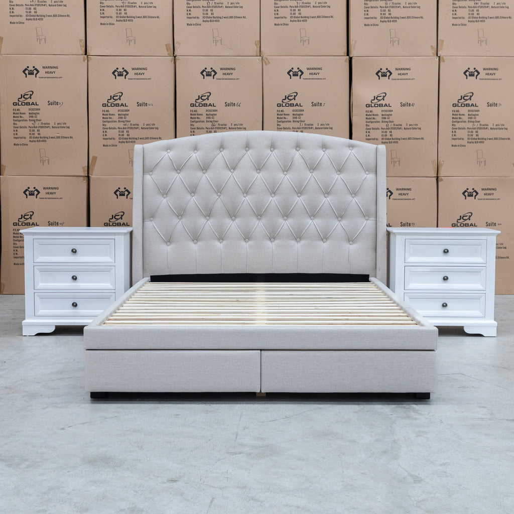 The Emily Double Fabric Storage Bed – Oat White available to purchase from Warehouse Furniture Clearance at our next sale event.