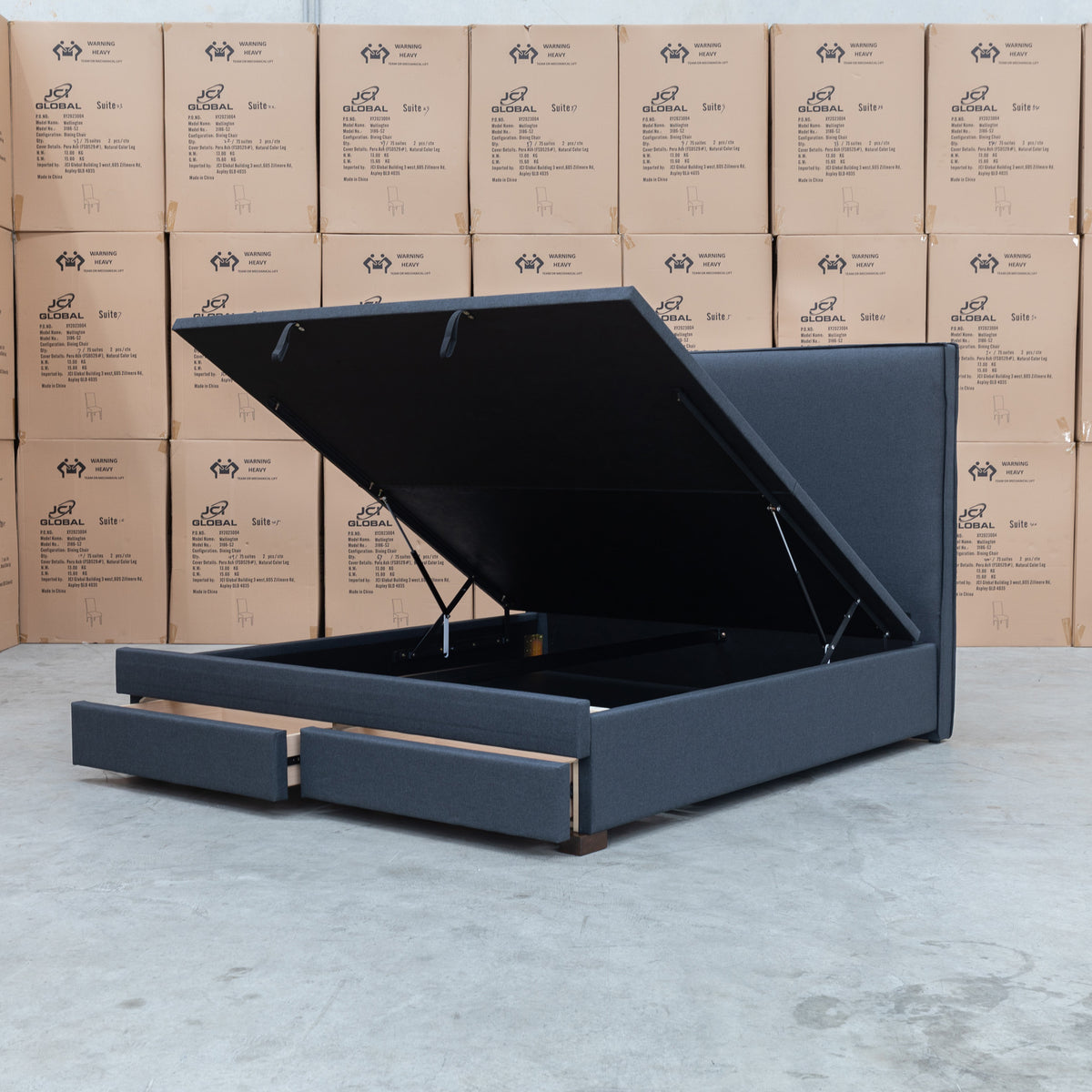 The Hayman Gas Lift & Drawer Storage King Bed - Charcoal - Available After 8th May available to purchase from Warehouse Furniture Clearance at our next sale event.