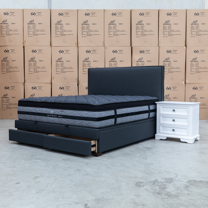 The Hayman Gas Lift & Drawer Storage Queen Bed - Charcoal available to purchase from Warehouse Furniture Clearance at our next sale event.