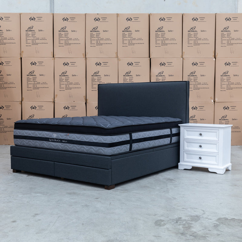 The Hayman Gas Lift & Drawer Storage Queen Bed - Charcoal available to purchase from Warehouse Furniture Clearance at our next sale event.