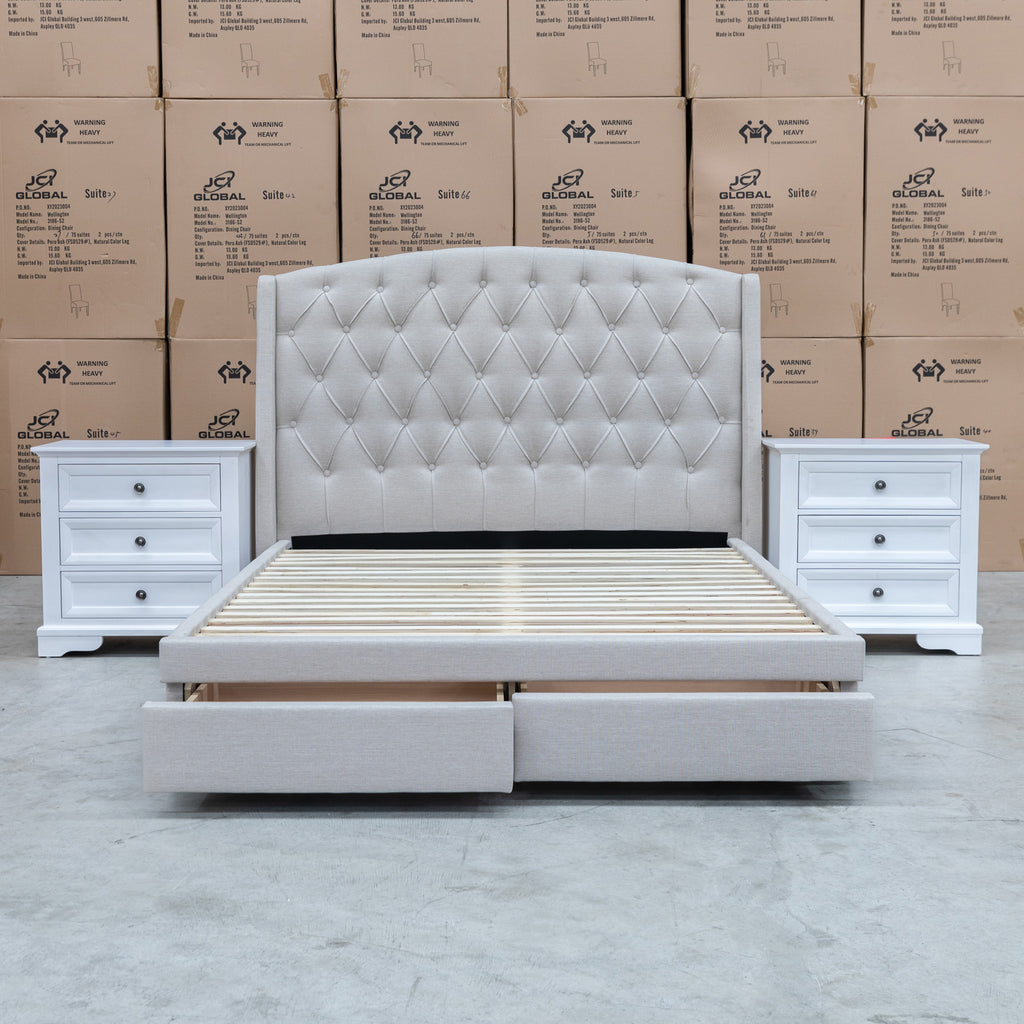 The Emily Double Fabric Storage Bed – Oat White available to purchase from Warehouse Furniture Clearance at our next sale event.