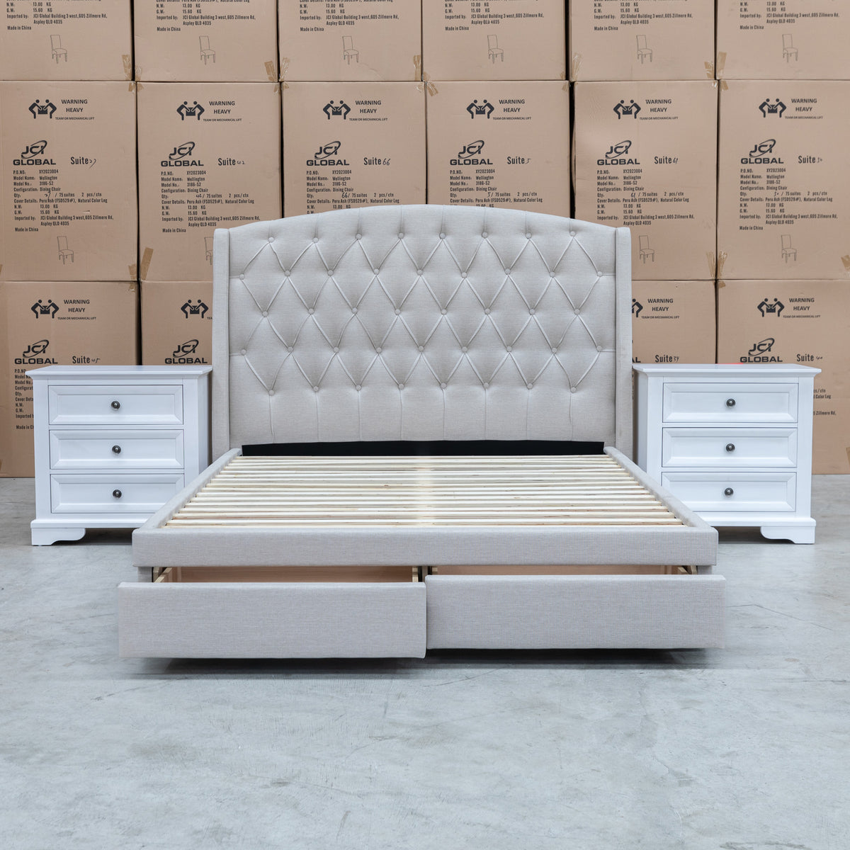 The Emily Double Fabric Storage Bed – Oat White available to purchase from Warehouse Furniture Clearance at our next sale event.