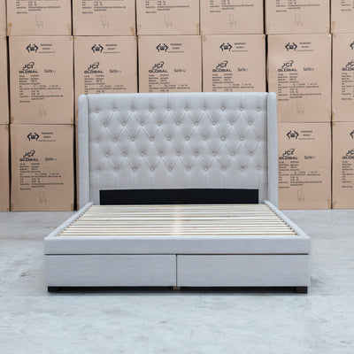 The Amie King Fabric Storage Bed - Oat White available to purchase from Warehouse Furniture Clearance at our next sale event.