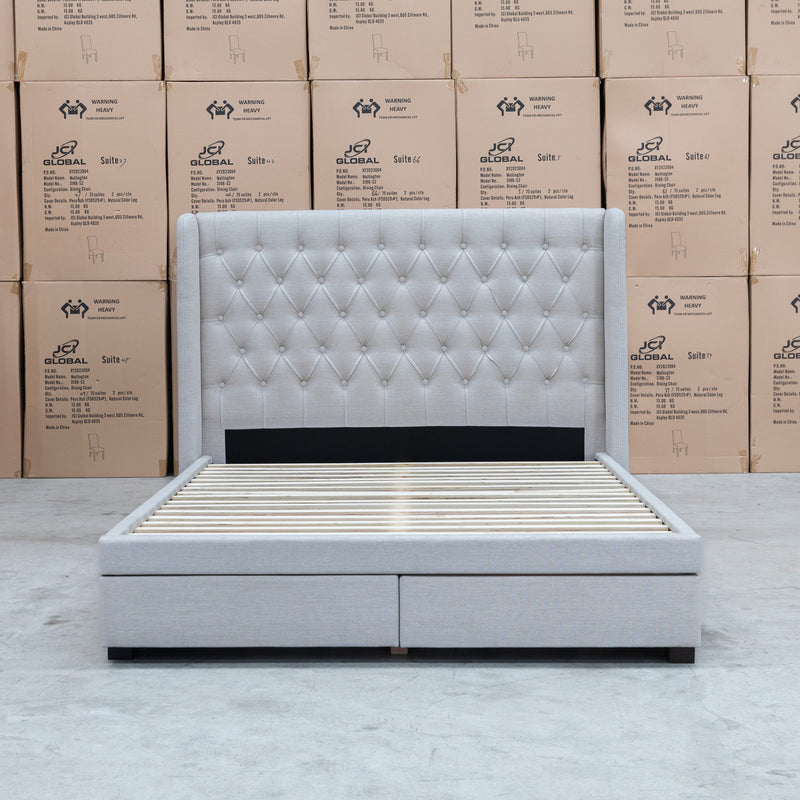 The Amie King Fabric Storage Bed - Oat White available to purchase from Warehouse Furniture Clearance at our next sale event.