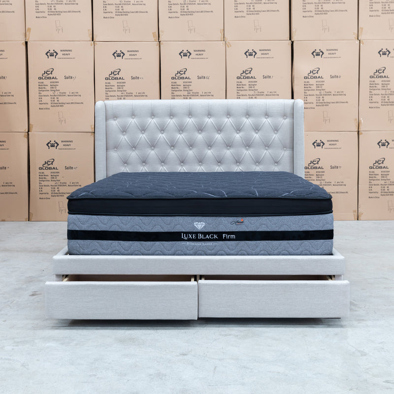 The Amie King Fabric Storage Bed - Oat White available to purchase from Warehouse Furniture Clearance at our next sale event.