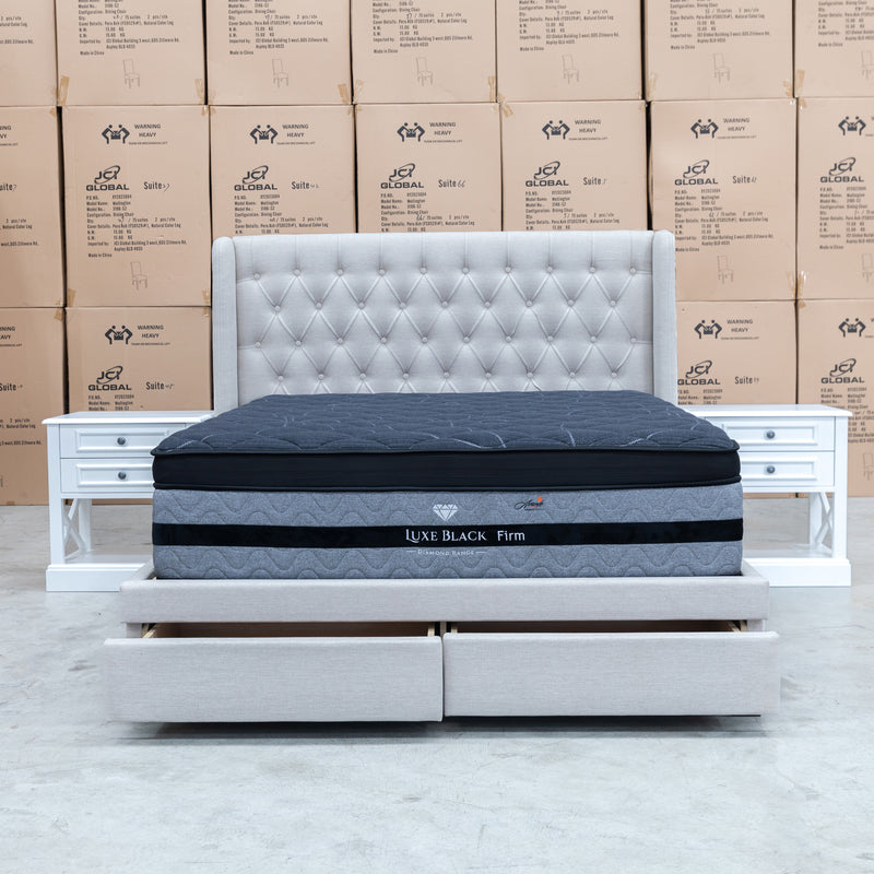 The Amie King Fabric Storage Bed - Oat White available to purchase from Warehouse Furniture Clearance at our next sale event.
