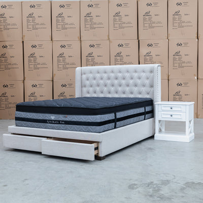 The Amie King Fabric Storage Bed - Oat White available to purchase from Warehouse Furniture Clearance at our next sale event.
