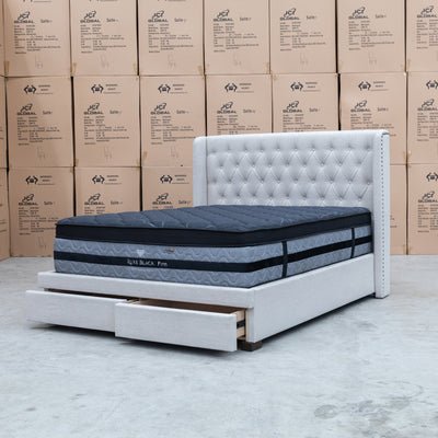 The Amie King Fabric Storage Bed - Oat White available to purchase from Warehouse Furniture Clearance at our next sale event.