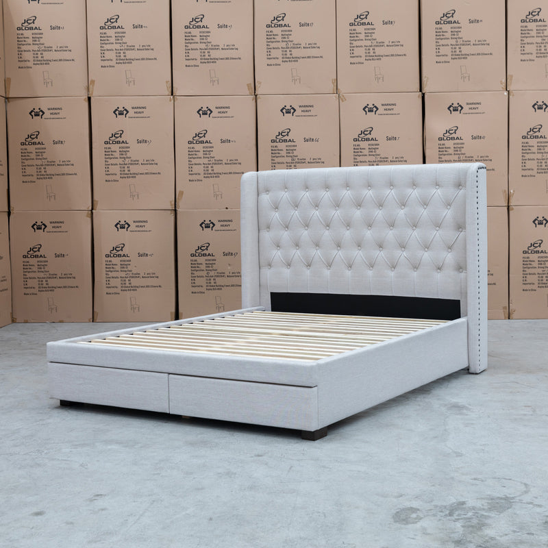 The Amie King Fabric Storage Bed - Oat White available to purchase from Warehouse Furniture Clearance at our next sale event.