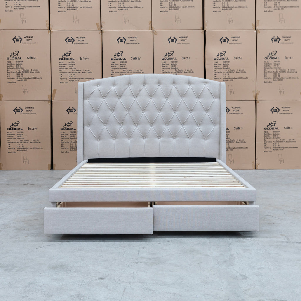 The Emily Double Fabric Storage Bed – Oat White available to purchase from Warehouse Furniture Clearance at our next sale event.