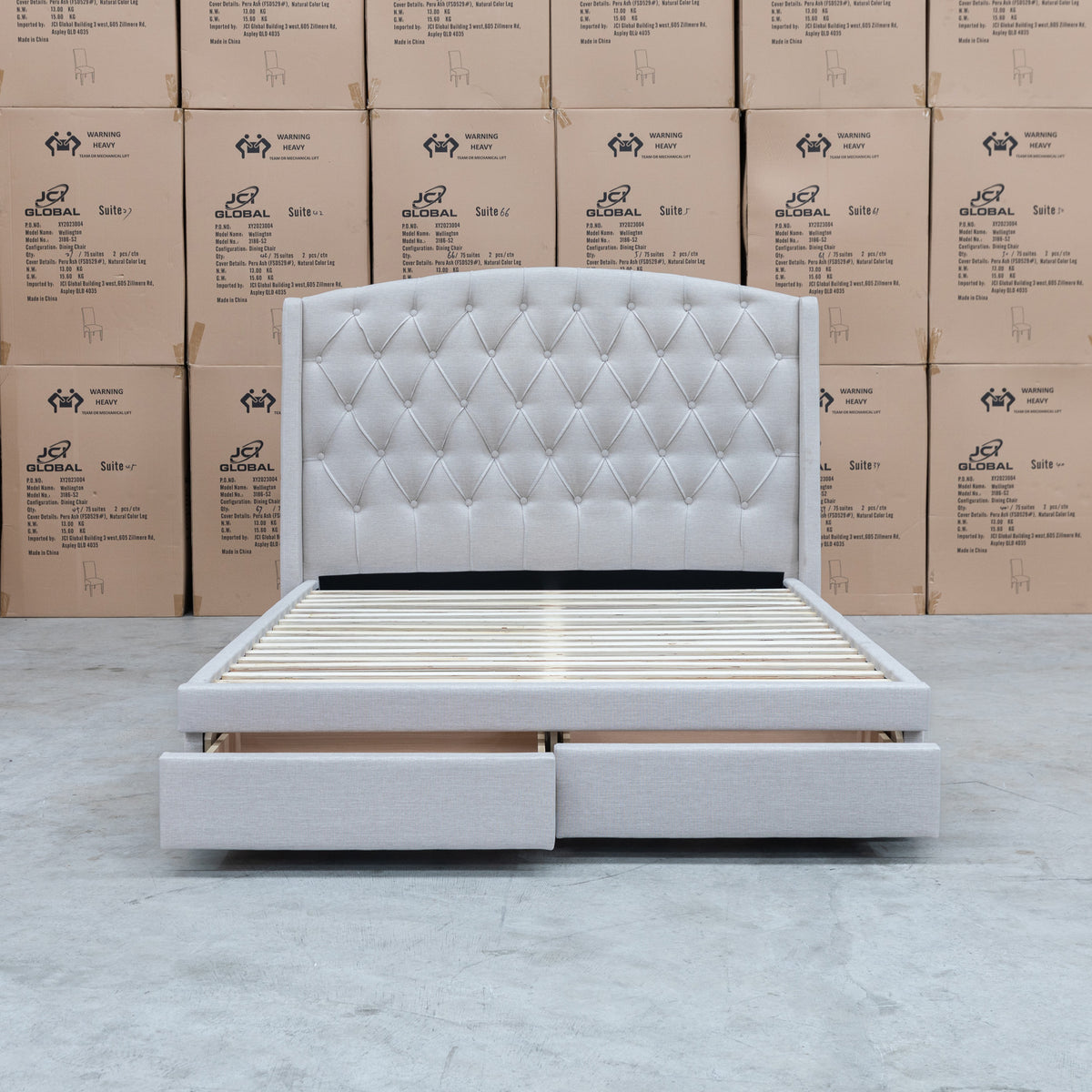 The Emily Double Fabric Storage Bed – Oat White available to purchase from Warehouse Furniture Clearance at our next sale event.