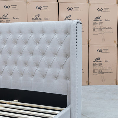 The Amie Queen Fabric Storage Bed – Oat White available to purchase from Warehouse Furniture Clearance at our next sale event.