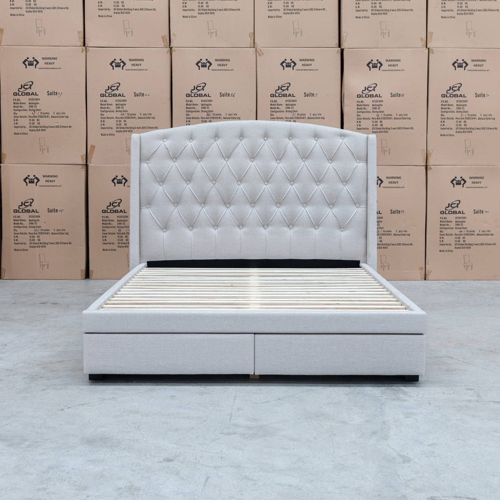 The Emily Double Fabric Storage Bed – Oat White available to purchase from Warehouse Furniture Clearance at our next sale event.