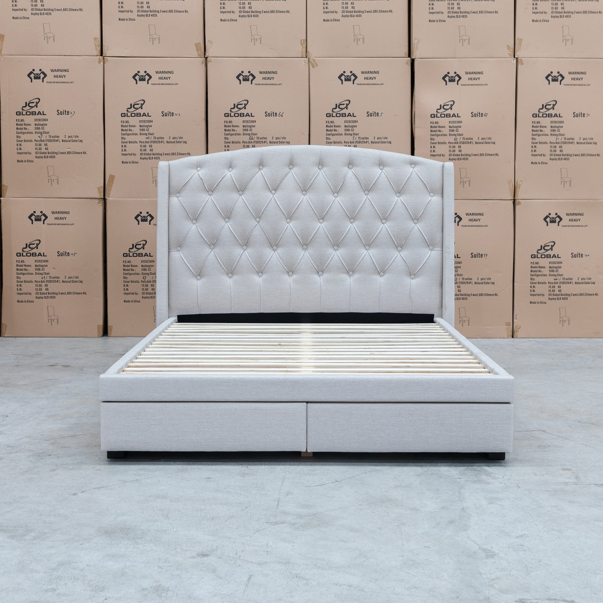 The Emily Double Fabric Storage Bed – Oat White available to purchase from Warehouse Furniture Clearance at our next sale event.