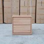 The Nova Two Drawer Australian Messmate Hardwood Bedside available to purchase from Warehouse Furniture Clearance at our next sale event.