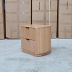 The Bentley Curved Two Drawer Australian Messmate Hardwood Bedside available to purchase from Warehouse Furniture Clearance at our next sale event.