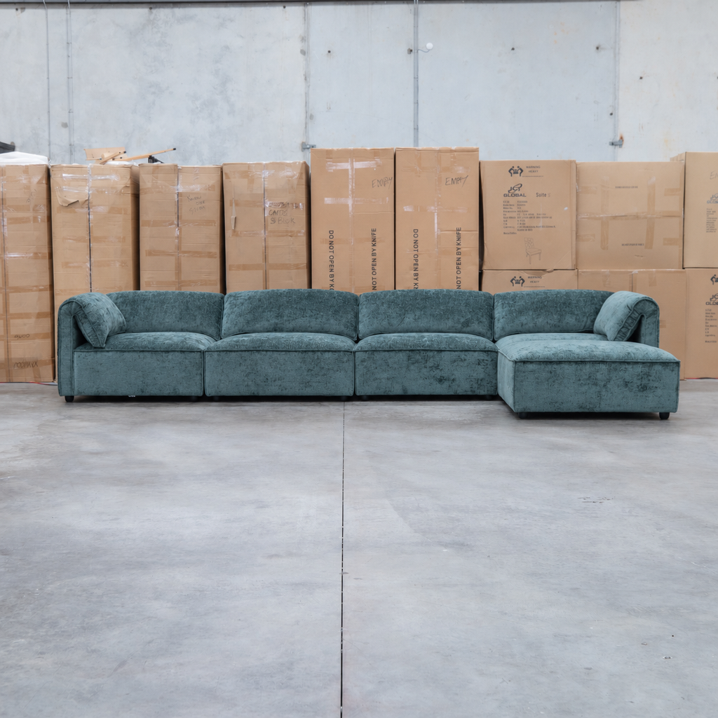 The Bellagio Deep Seat Modular Corner Lounge with Ottoman - Olive available to purchase from Warehouse Furniture Clearance at our next sale event.
