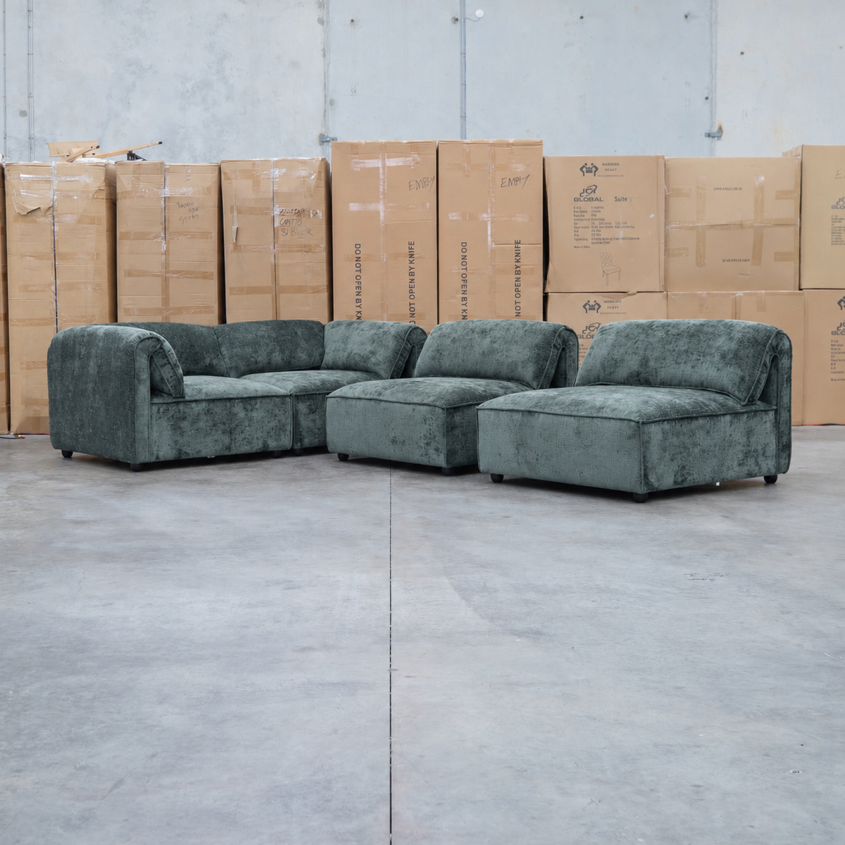 The Bellagio Deep Seat Modular Corner Lounge with Ottoman - Olive available to purchase from Warehouse Furniture Clearance at our next sale event.