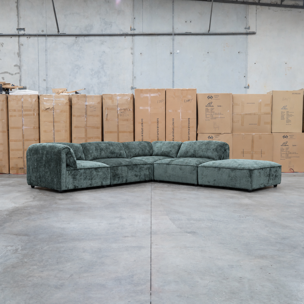 The Bellagio Deep Seat Modular Corner Lounge with Ottoman - Olive available to purchase from Warehouse Furniture Clearance at our next sale event.