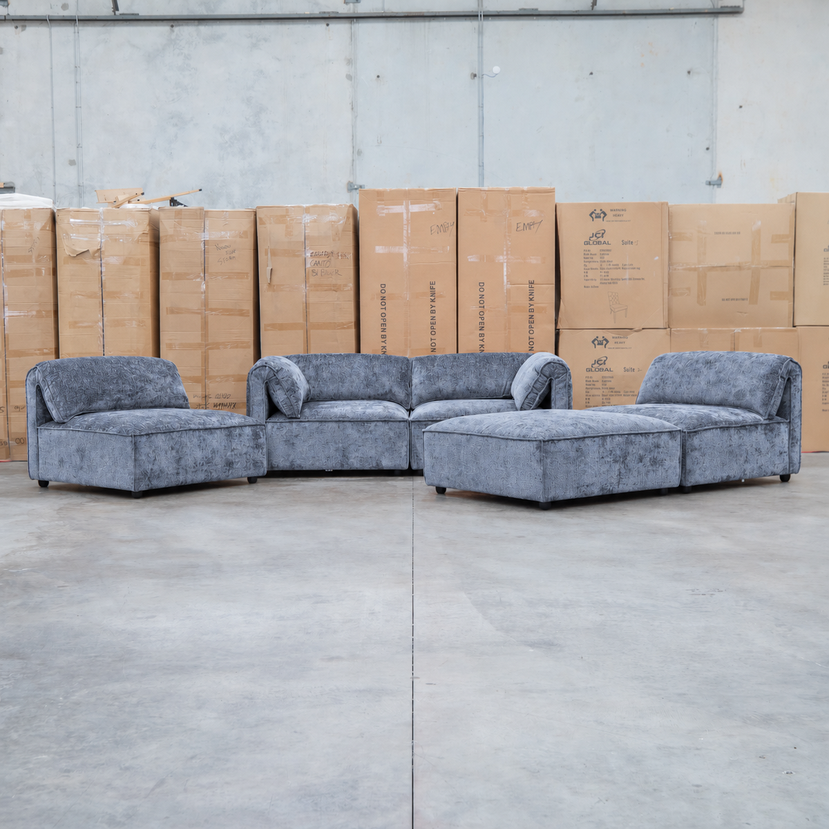 The Bellagio Deep Seat Modular Corner Lounge with Ottoman - Charcoal available to purchase from Warehouse Furniture Clearance at our next sale event.