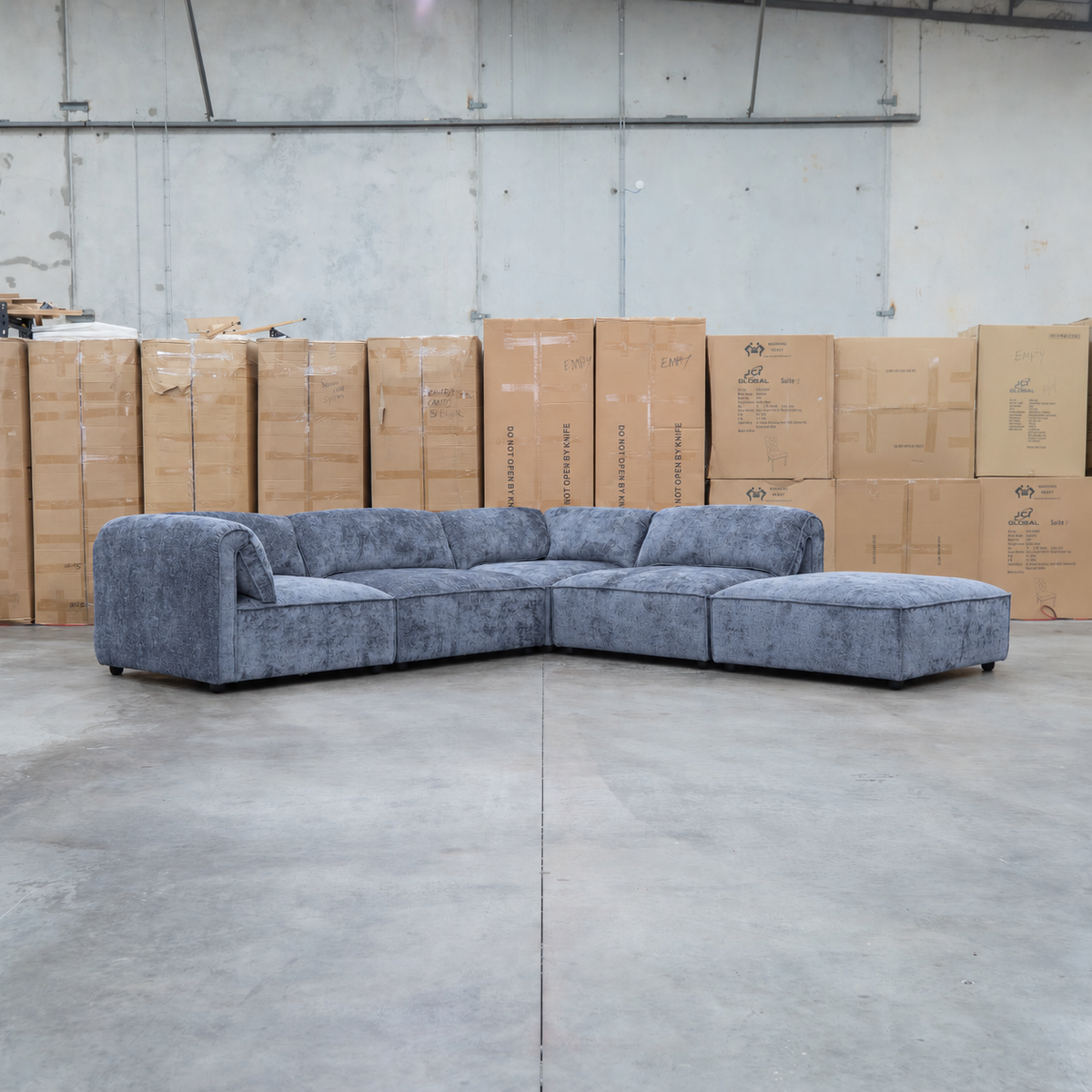 The Bellagio Deep Seat Modular Corner Lounge with Ottoman - Charcoal available to purchase from Warehouse Furniture Clearance at our next sale event.