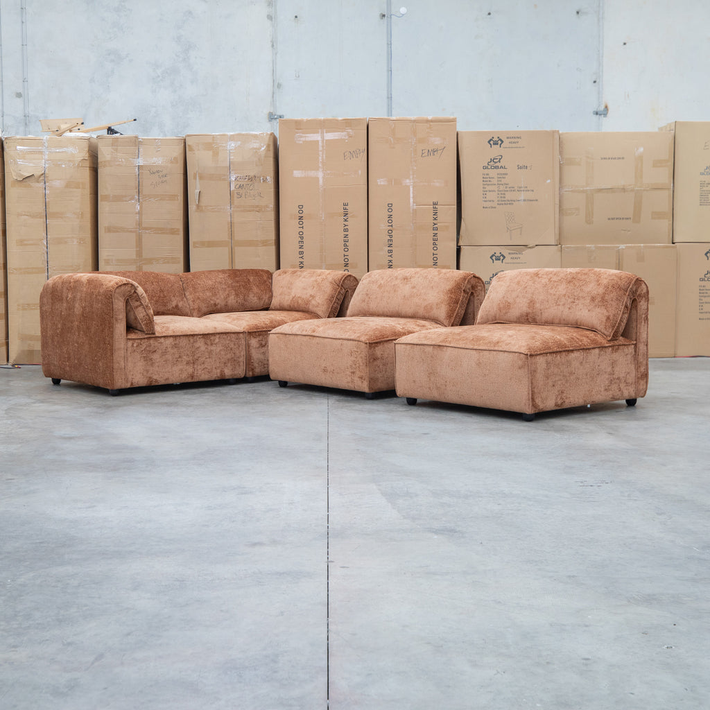 The Bellagio Deep Seat Modular Corner Lounge with Ottoman - Rust available to purchase from Warehouse Furniture Clearance at our next sale event.