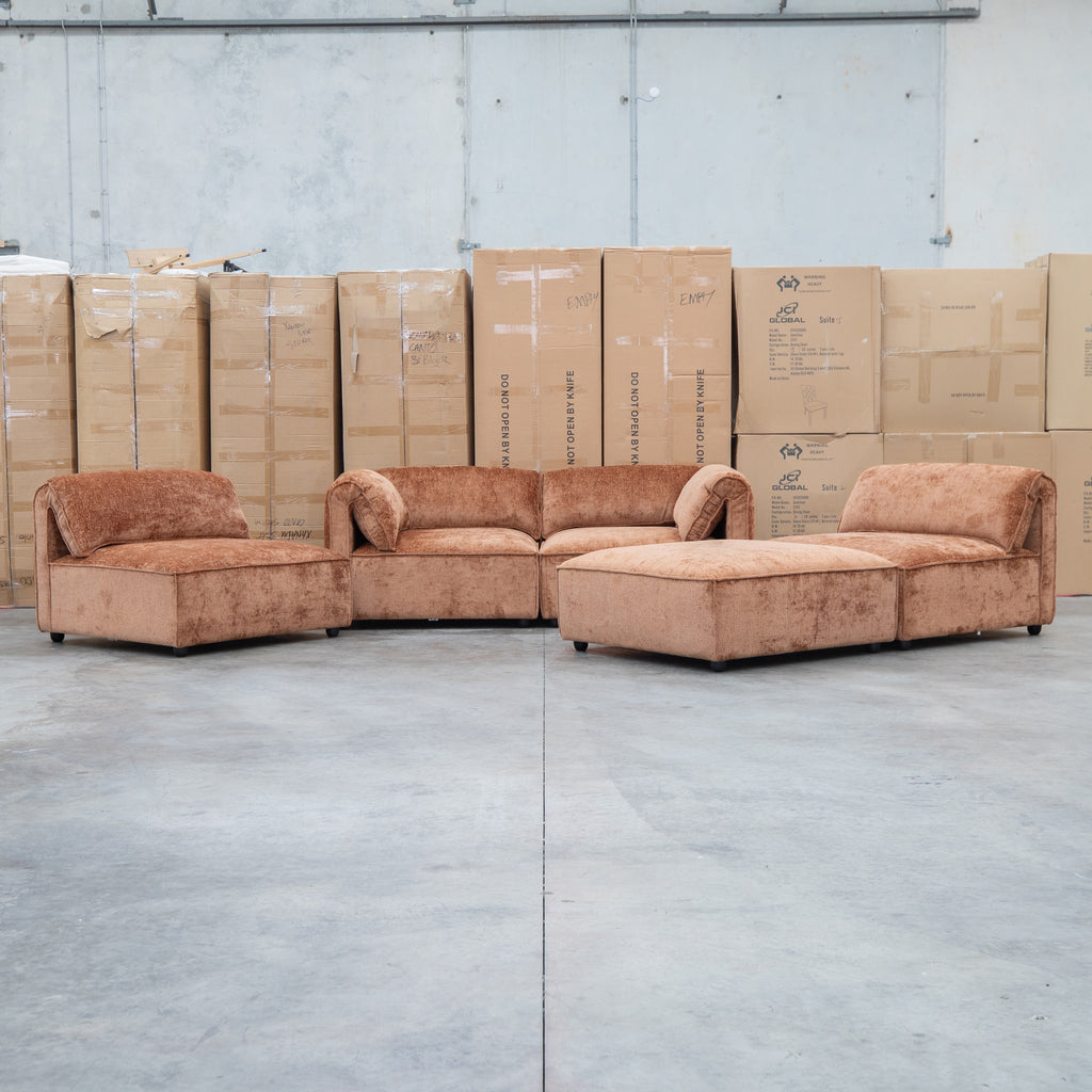The Bellagio Deep Seat Modular Corner Lounge with Ottoman - Rust available to purchase from Warehouse Furniture Clearance at our next sale event.