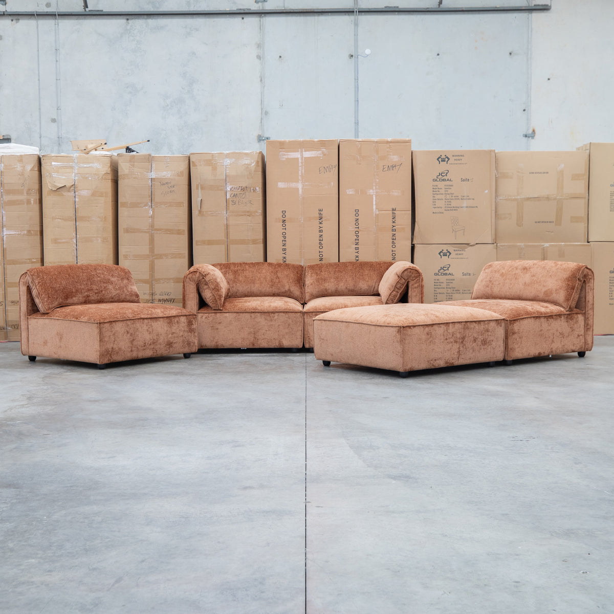 The Bellagio Deep Seat Modular Corner Lounge with Ottoman - Rust available to purchase from Warehouse Furniture Clearance at our next sale event.