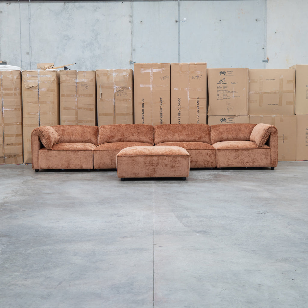 The Bellagio Deep Seat Modular Corner Lounge with Ottoman - Rust available to purchase from Warehouse Furniture Clearance at our next sale event.
