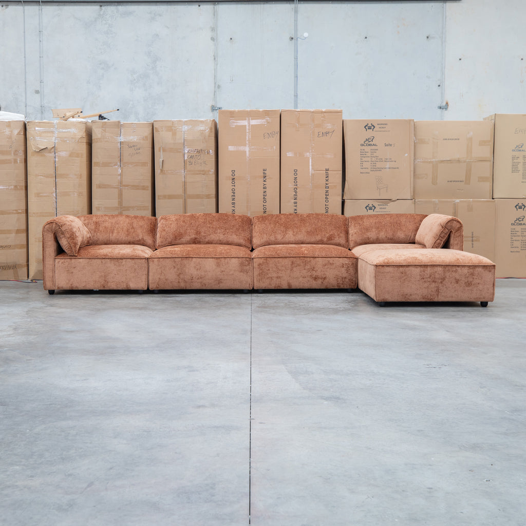 The Bellagio Deep Seat Modular Corner Lounge with Ottoman - Rust available to purchase from Warehouse Furniture Clearance at our next sale event.