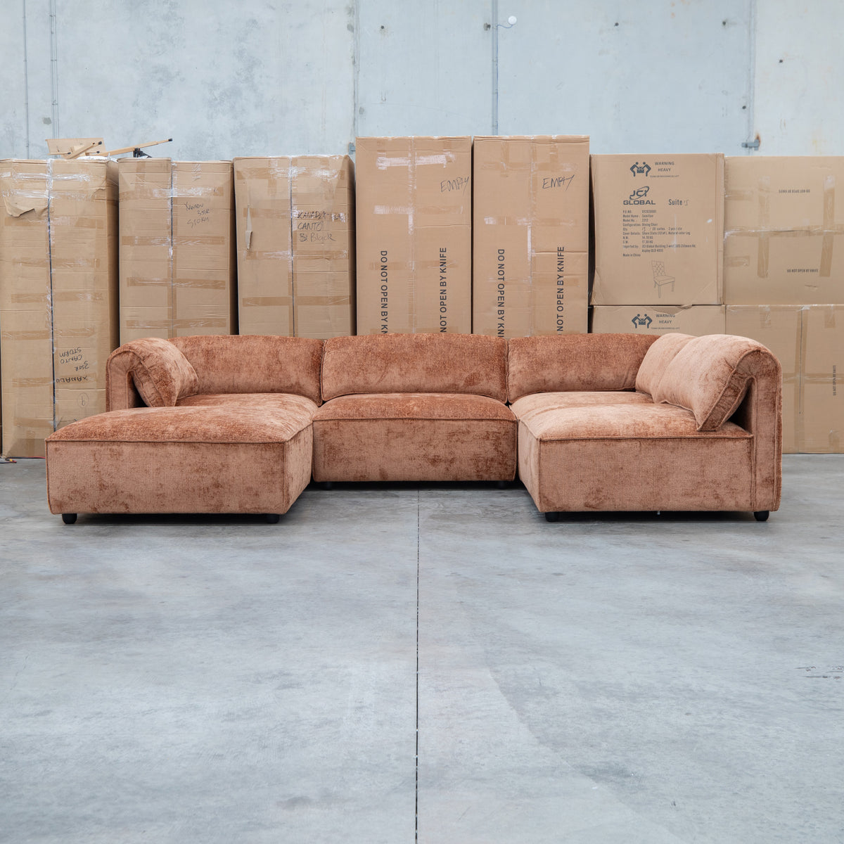 The Bellagio Deep Seat Modular Corner Lounge with Ottoman - Rust available to purchase from Warehouse Furniture Clearance at our next sale event.