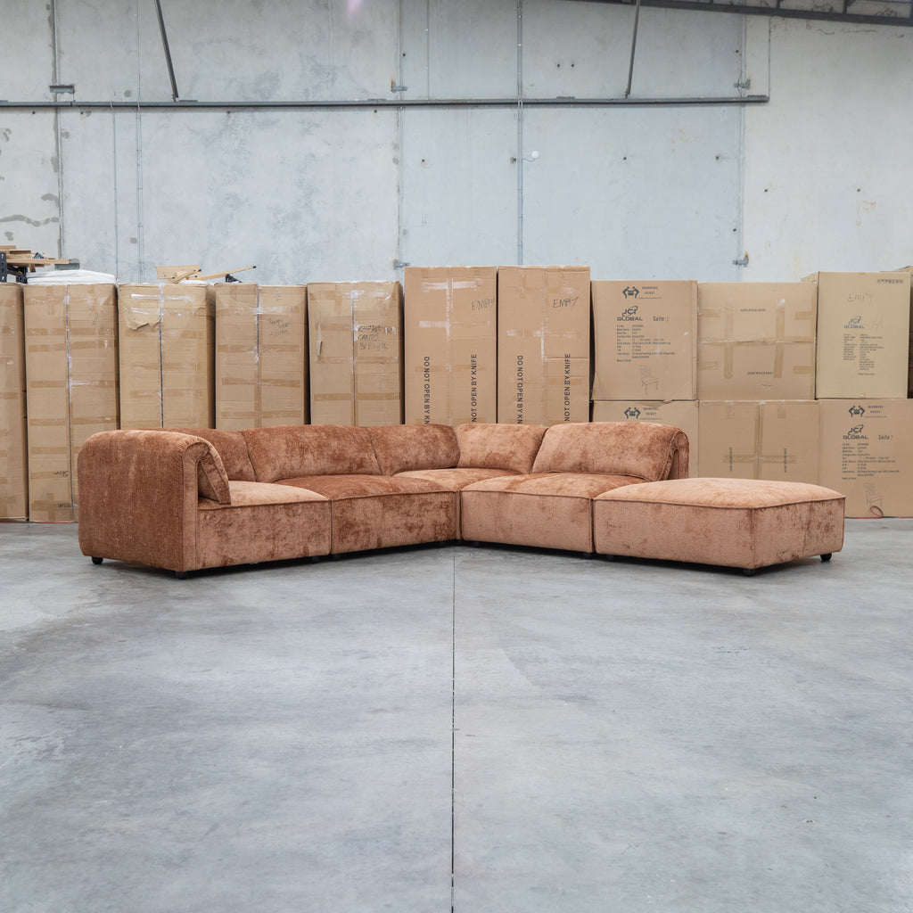 The Bellagio Deep Seat Modular Corner Lounge with Ottoman - Rust available to purchase from Warehouse Furniture Clearance at our next sale event.