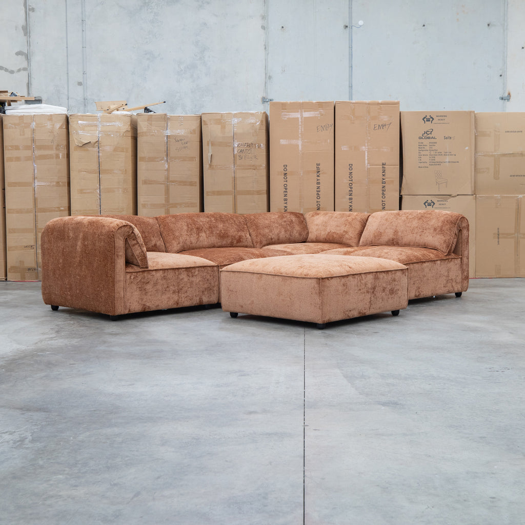 The Bellagio Deep Seat Modular Corner Lounge with Ottoman - Rust available to purchase from Warehouse Furniture Clearance at our next sale event.