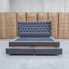 The Blake Queen Upholstered Gas Lift Storage Bed - Charcoal available to purchase from Warehouse Furniture Clearance at our next sale event.