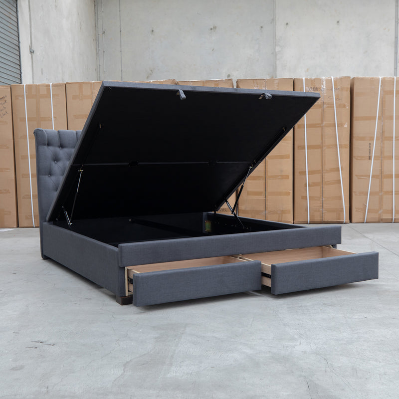 The Blake King Upholstered Gas Lift Storage Bed - Charcoal