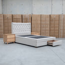 Blake Queen Upholstered Gas Lift Storage Bed - Oat White - Warehouse Furniture Clearance