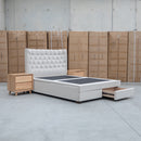 The Blake King Upholstered Gas Lift Storage Bed - Oat White available to purchase from Warehouse Furniture Clearance at our next sale event.