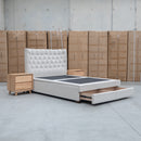 The Blake King Upholstered Gas Lift Storage Bed - Oat White available to purchase from Warehouse Furniture Clearance at our next sale event.