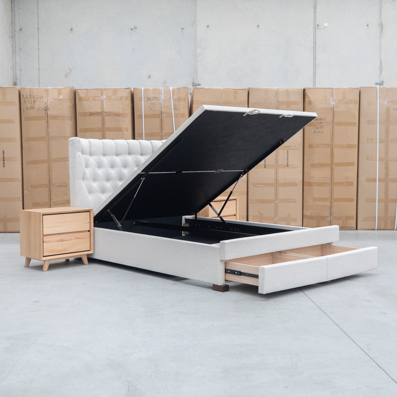 The Blake King Upholstered Gas Lift Storage Bed - Oat White