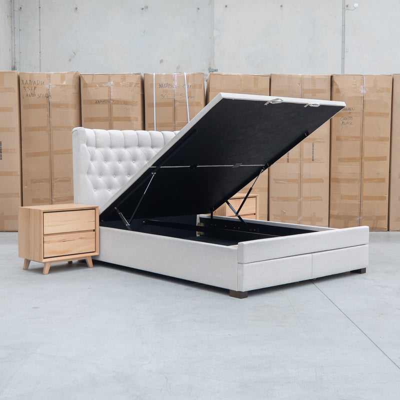 The Blake King Upholstered Gas Lift Storage Bed - Oat White