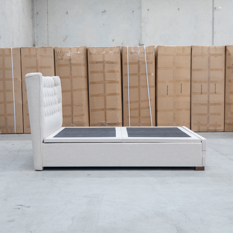 The Blake Queen Upholstered Gas Lift Storage Bed - Oat White