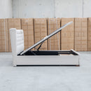 Blake Queen Upholstered Gas Lift Storage Bed - Oat White - Warehouse Furniture Clearance