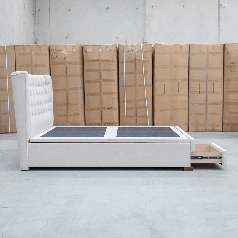 The Blake King Upholstered Gas Lift Storage Bed - Oat White