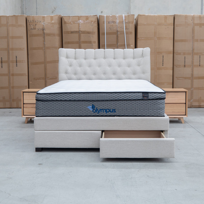 The Blake King Upholstered Gas Lift Storage Bed - Oat White