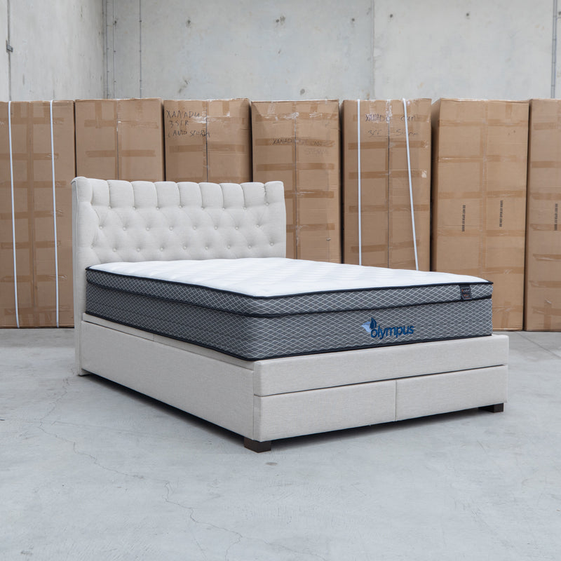 The Blake King Upholstered Gas Lift Storage Bed - Oat White
