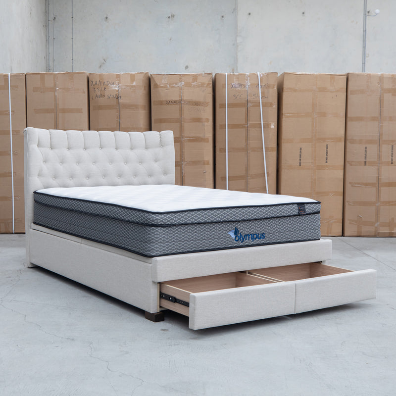 Blake King Upholstered Gas Lift Storage Bed - Oat White - Warehouse Furniture Clearance