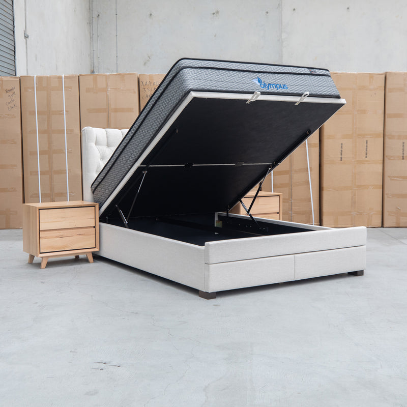 Blake King Upholstered Gas Lift Storage Bed - Oat White - Warehouse Furniture Clearance