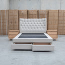 Blake Queen Upholstered Gas Lift Storage Bed - Oat White - Warehouse Furniture Clearance